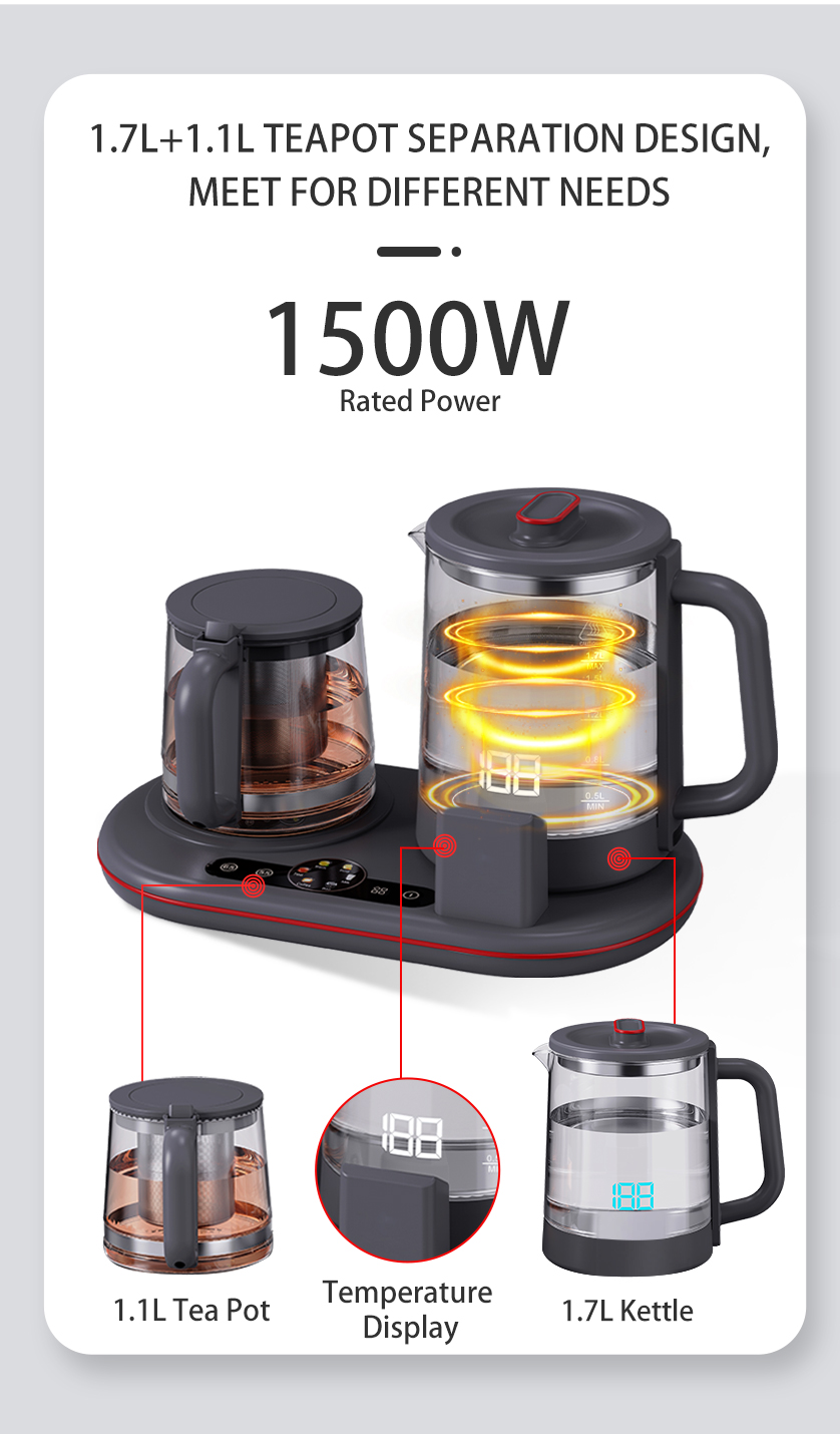 Novum Minimum Wattage Modern Keep calidum tea factorem Machina Portable Thermopot Speculum Hotle Ketle Tray Set 1.7L + 1.1L Electric Teapot