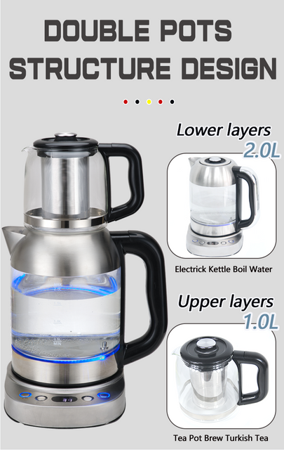 Popular 2.0l Russian Glass Water Kettle Double Tea Set Digital CB CE Turkish Teapot Electric Tea Kettle With Infuser 