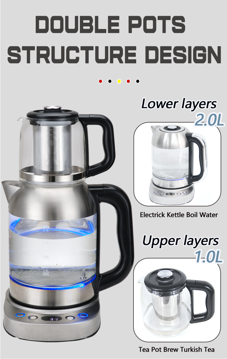 2 in1 Tea Maker Electric Double Glass Turkish Samovar Kettle 2.0l Smart Glass Electric Kettle With Keep warm Function For Kitchen