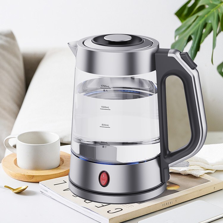 YUEKON Hot Selling 1.7l Automatic Power-off Electric Tea Maker Electric Glass Tea Kettle With Blue led