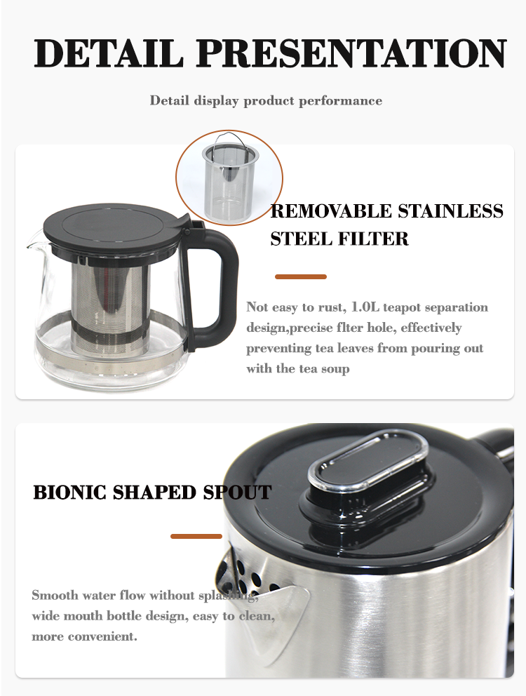 Culina appliances 1500W ulcus-arida praesidio tea factorem machina 2.0l + 1.1L duplex iacuit electrica ollae in speculo teapot