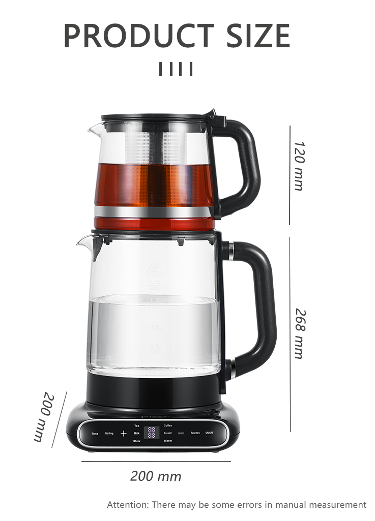 360 Rotational Base 1.5l+1.1l Vitrum Electric Kettle Tea Pot Stylish Turkish Russian Electric Samovar 
