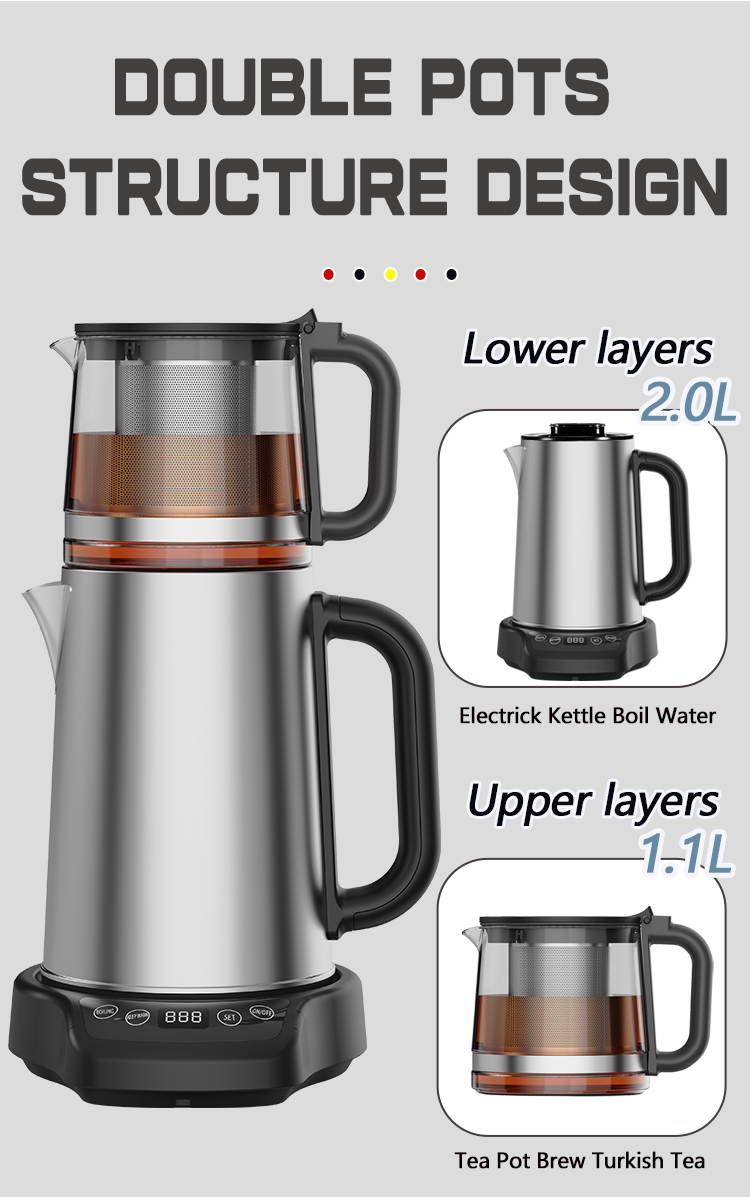 Culina appliances 1500W ulcus-arida praesidio tea factorem machina 2.0l + 1.1L duplex iacuit electrica ollae in speculo teapot